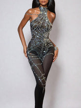 Cutout Cobweb Rhinestone Mesh Jumpsuit In Black